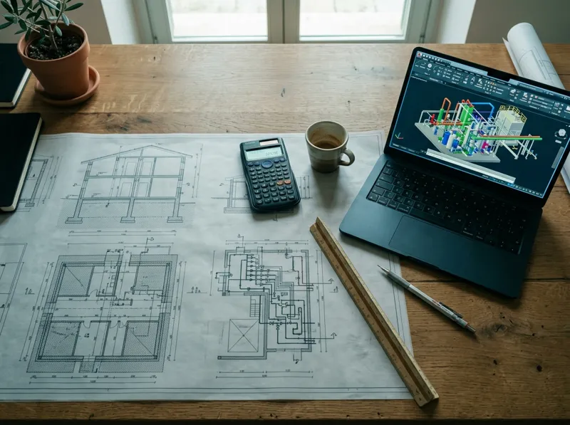 Tavole tecniche e modello CAD di impianto su una scrivania