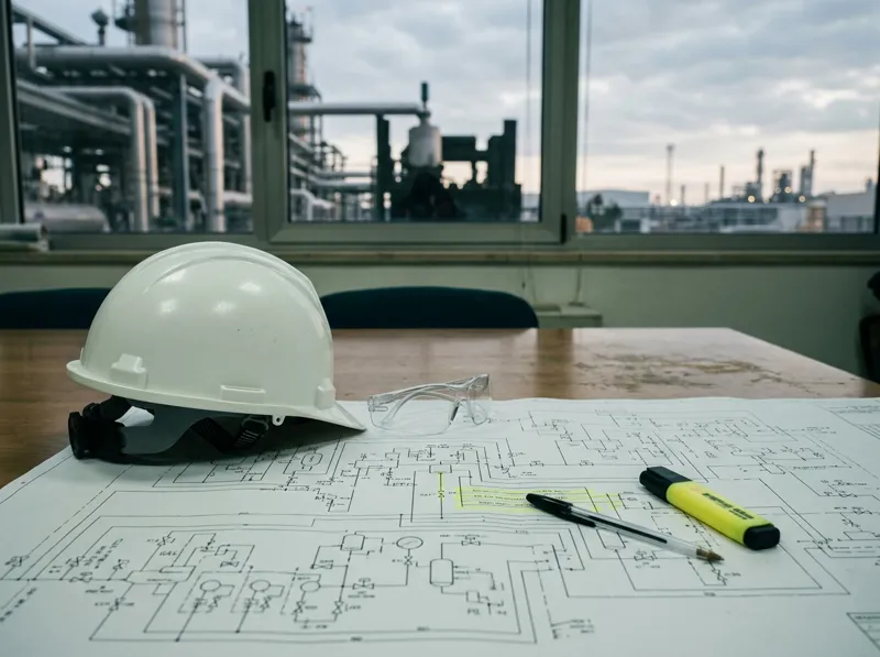 Casco di sicurezza e schema di impianto su un tavolo di cantiere